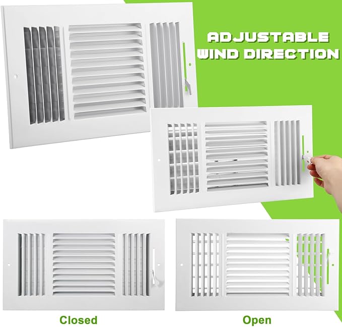 VIHOSE 6 Pcs Vent Covers 12 x 6 Inch HVAC Sidewall Air Ceiling Register 3 Way Vents for Wall Solid Steel Manual Adjuster for Bathroom Toilet Home Office(White)