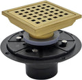 4 Inch Square Shower Floor Drain with Flange,Quadrato Pattern Grate Removable,Food-Grade SUS 304 Stainless Steel,Brushed Gold