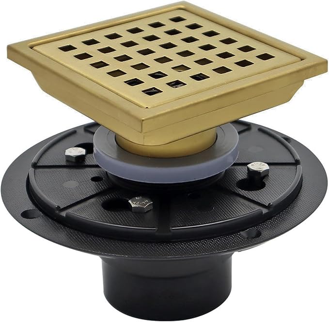 4 Inch Square Shower Floor Drain with Flange,Quadrato Pattern Grate Removable,Food-Grade SUS 304 Stainless Steel,Brushed Gold