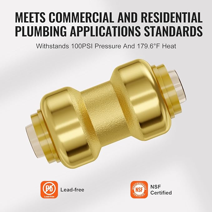 VEVOR Pipe Fittings, 1/2" 12PCS Brass Pipe Fittings, Straight-Through Push-Fit Pipe Connector Brass Air Fittings, Heavy Duty Plumbing Fittings Adapter for Heating/Shower Systems, Water Pipes