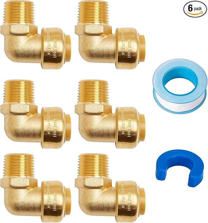 SUNGATOR 1/2 Inch Male Adapter Elbow, 1/2 MNPT Threaded, No Lead Brass Push-to-Connect Plumbing Fittings for PEX Pipe, Copper, CPVC, with 1 Disconnect Clip and 1 Sealing Tape, Pack of 6