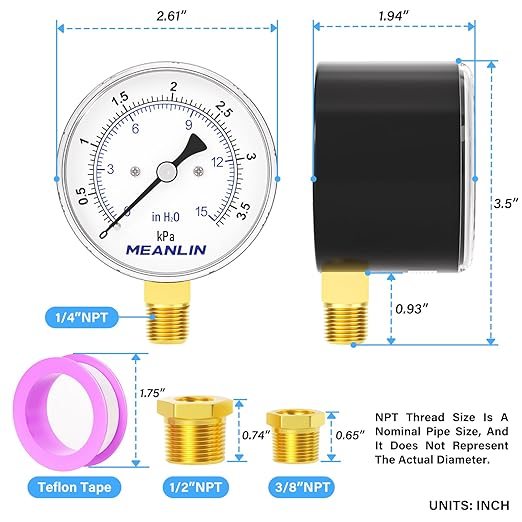 MEANLIN MEASURE 0-15 in H2O Diaphragm Type Capsule Low-Pressure Gauge, Water Column Gauge, 2.6" Dial, 1/4" NPT, Rear Adjustable Knob, with 1/2" NPT and 3/8" NPT Hex Bushing, Lower Mount