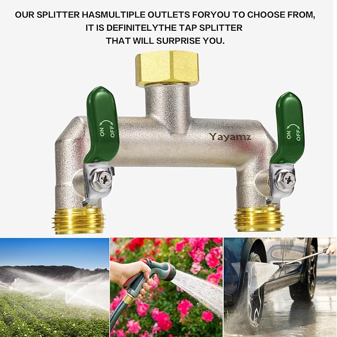2 Way Garden Hose Splitter, Heavy Duty Brass Nickel Plated Rust Resistant Faucet Manifold, 3/4" Frost Resistant Outdoor Hose Adapter Connector，Hose Spigot Adapter with 2 Large Green Handles