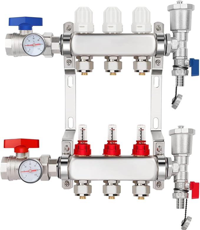 3-Branch PEX/Radiant Heat Manifold ，1/2" PEX Tubing Manifold,304 Stainless Steel Floor Heat Manifold Kit with 1/2" Adapters Included for Hydronic Radiant Floor Heating (3-LOOP)