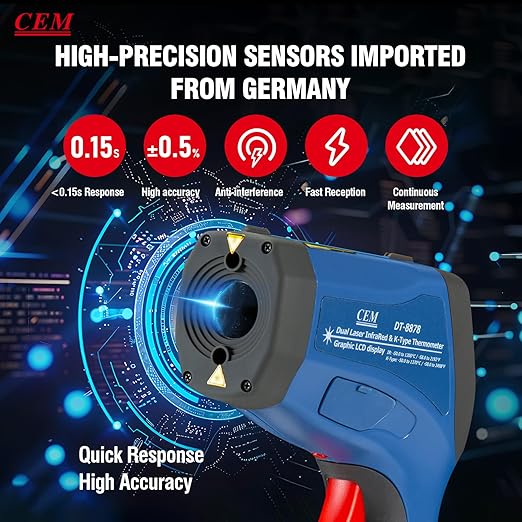 CEM DS 50:1 Infrared Thermometer Temperature Gun,-58°F to 2192F°Adjustable Emissivity IR Temp Gun,Dual Laser HVAC Cooking Pyrometer,0.15S Response Thermal Heat Leak Detector with K-Type Probe&USB