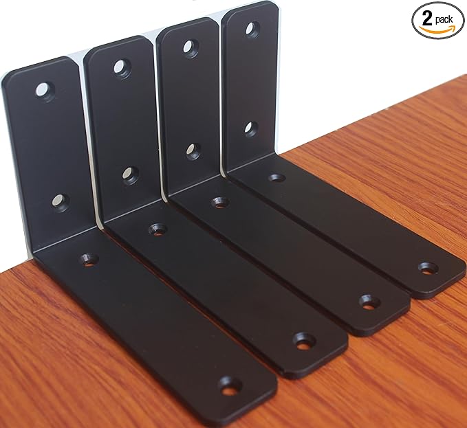 2 Pack - L 6" x H 4" x W1.5, 5mm Thick Black L Shelf Bracket, Iron Shelf Brackets, Metal Shelf Brackets, Floating Shelf, Shelf Supports with Screws