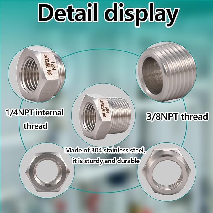 2 Pcs 3/8" Male NPT to 1/4" Female NPT Reducer Hex Bushing，304 Stainless Steel Pipe Fitting Hex Bushing, Heavy Duty Pipe Fitting Reducer Adapter