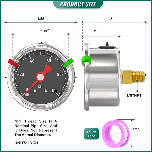 0-100PSI Stainless Steel Glycerin Filled Pressure Gauge 1.5" Black Dial Size, 1/8" NPT Back Mount, for Tube, Water Pump, Gas, Liquid, Pressure Test (with Range Mark Pointer)