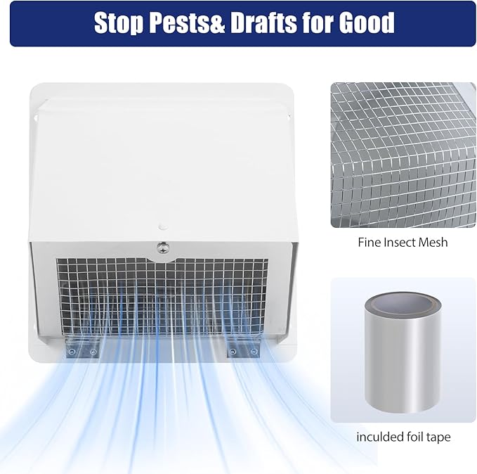 6 Inch Dryer Vent Cover Outside, White Wall Dryer Vent Cap, No-Pest Metal Vent Covers For House Exterior
