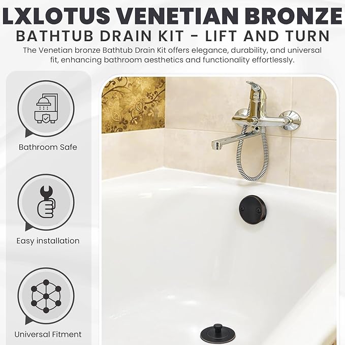 Venetian Bronze Bathtub Drain Kit - Lift and Turn - Replacement Kit for Bathtub, Overflow Plate and Screws Included, Universal Fit 1-3/8" and 1-1/2"- Brass Construction - Easy Install