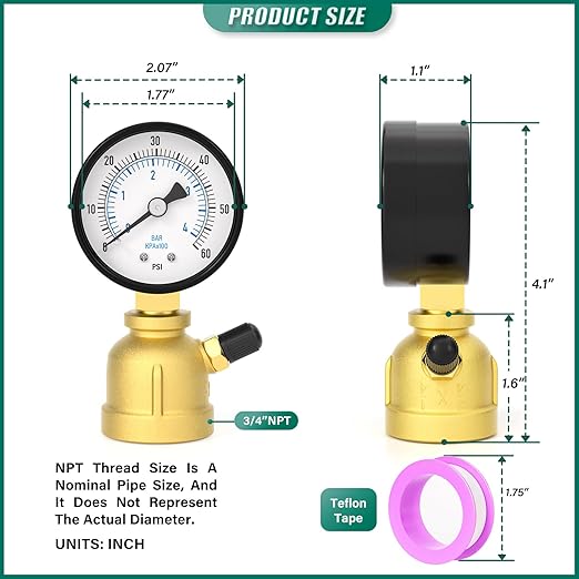 0-60PSI Air Test Pressure gauges, 2" Double Graduated Dial, 3/4" FNPT Forged Brass Bell Shape Body Assembly, 1/8" NPT Air Bleeding Valve, for Pressure Testing on Home Gas Line