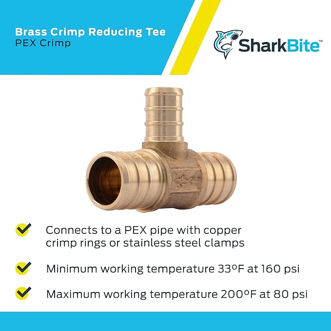 SharkBite 3/4 Inch x 3/4 Inch x 1/2 Inch Crimp Reducing Tee, Brass Plumbing Fitting, PEX Pipe, PE-RT, UC412LFA