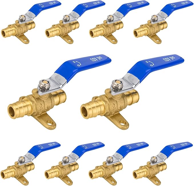 10-Pack Foskan 1/2" Brass PEX Expansion Drop Ear Ball Valve with Blue Handle, Full Port Shut-off Valve for Hot and Cold Water Distribution