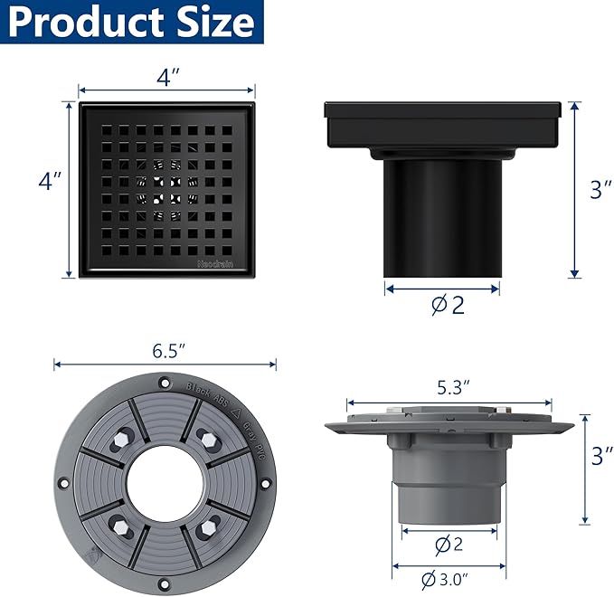 Neodrain 4 Inch Black Square Drain, 304 Stainless Steel Shower Drain Kits with PVC Base, Removable Cover Hair Catcher Strainer for Bathroom Floor Drain, Matte Black
