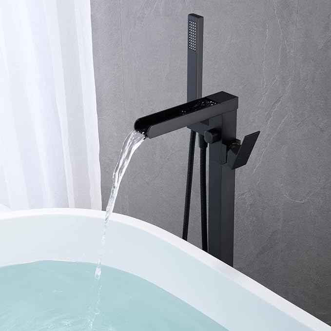 Waterfall Tub Filler Freestanding Bathtub Faucet Black Floor Mount Brass Single Handle Bathroom Faucets with Hand Shower