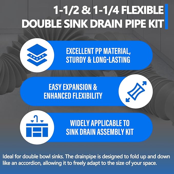 Double Sink Drain Kit, Flexible Sink Drain Pipe 1-1/2 & 1-1/4 P Trap Fits Sink Bowl Drain, Expandable Plumbing Kit for Kitchen, Bathroom, Gray