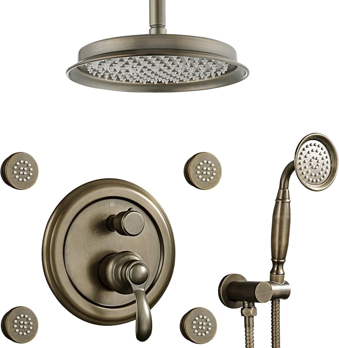 Antique-Brass Shower Faucet-Sets Fixtures: 9 inch Ceiling Rain Head with Handheld Spray and Body Jets, 3 Way Diverter Rough in Valve System included Trim Kit