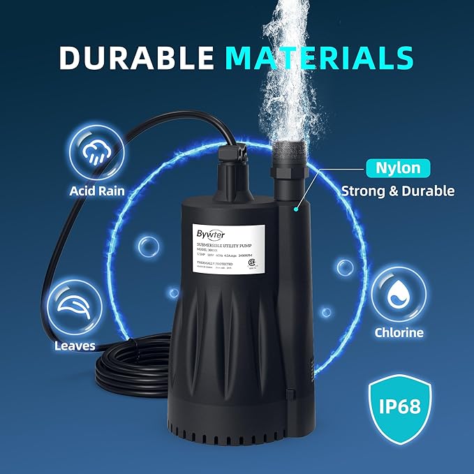 1/3 HP Submersible Water Pump, 1800 GPH Sump Pump with Thermoplastic Housing, 115V Portable Electric Water Pump with 10 Ft Cord for Basement, Yard, and Pool Cover