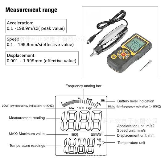 Vibration Meter,Vibrometer Split Probe Vibration Tester, Digital Vibration Analyzer Mechanical Vibration Meters Vibration Sensor Measure Acceleration, Velocity and Displacement