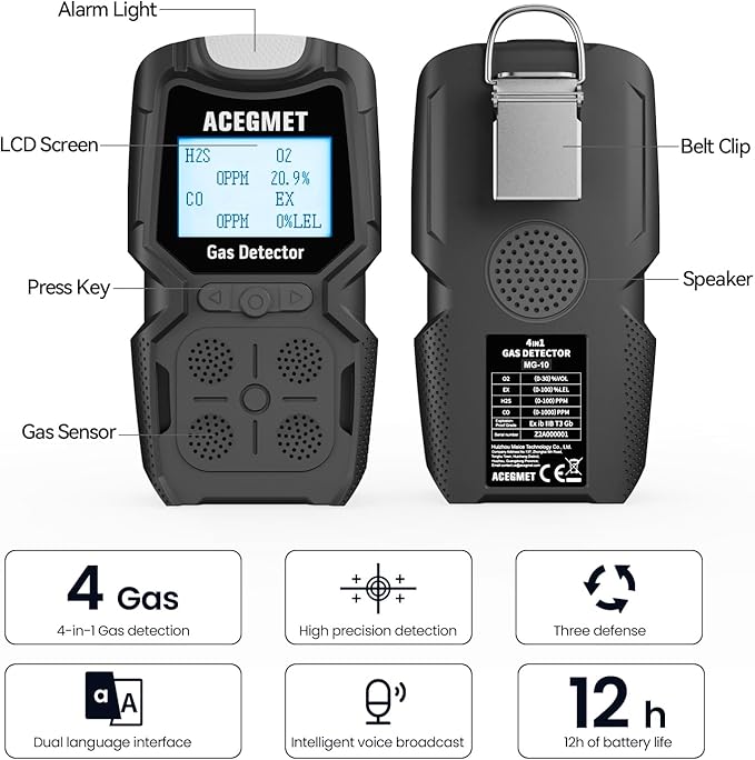 ACEGMET Gas Detector, 4 Gas Monitor Multiple Indicator (Vibration, Audible, Visual) H2S, O2, CO and LEL 4 Gas Monitor Personal Rechargeable 4 Gas Meter, for Work, Home, Black