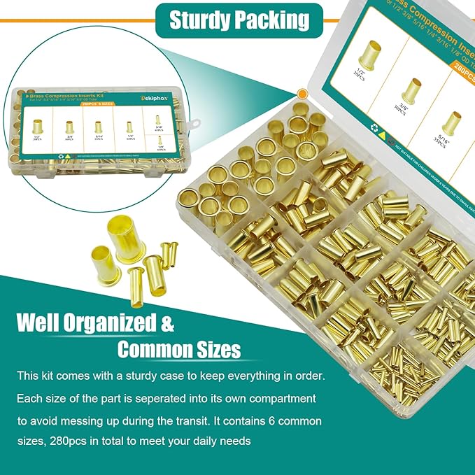 280PCS Brass Compression Insert，for Tube OD 1/8" 3/16" 1/4" 5/16'' 3/8" 1/2", Insert Tube Compression Sleeve Fitting Assortment Kit