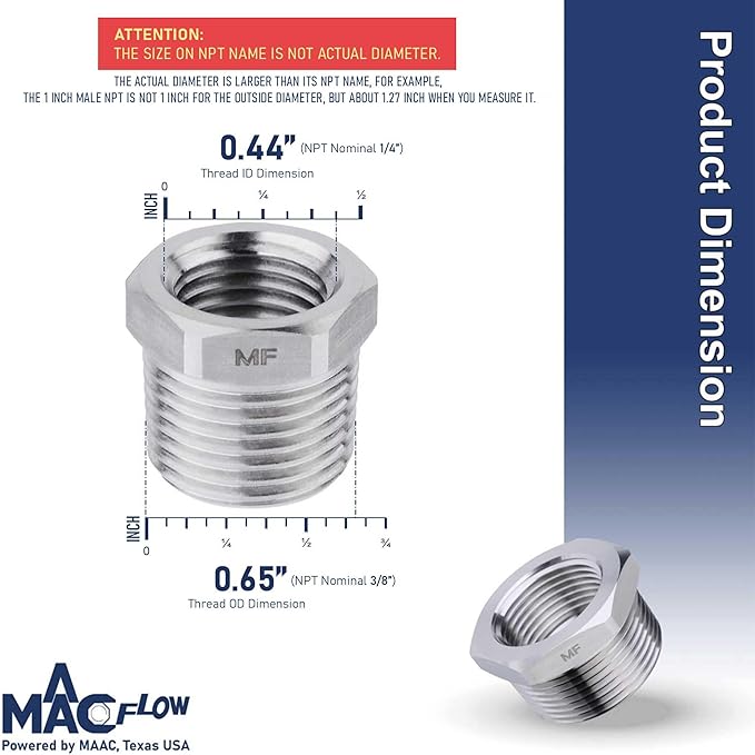 MAACFLOW Stainless Steel 3/8" Male NPT to 1/4" Female NPT Adapter Reducer Hex Bushing (Thread OD 0.65" - ID 0.44") (Pack of 1)