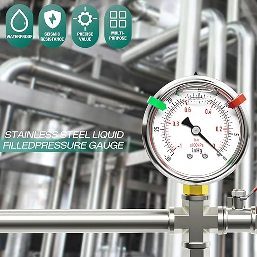 -30inHG-0psi Stainless Steel Glycerin Liquid Filled Vacuum Pressure Gauge 1/4" NPT 2.5" Face Dial Center Lower Mount, for Water, Oil and Air Pressure Testing (with Range Mark Pointer)
