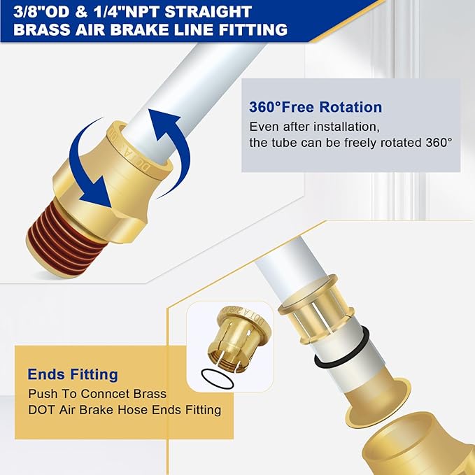 3/8" Brass Push to Connect DOT Air Brake Fittings, 3PCS Air Line Quick Connect Fittings 3/8" Tube OD x 1/4" NPT Connector Tube to Male Pipe for Truck Trailers Air Brake System