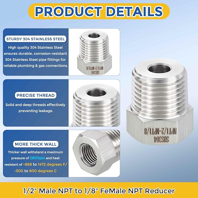 2 Pack 304 Stainless Steel Pipe Fittings, 1/2" MNPT to 1/8" FNPT Hex Bushing Reducer, Hose Tube Threaded Adapters for Air, Oil, LP, Gas