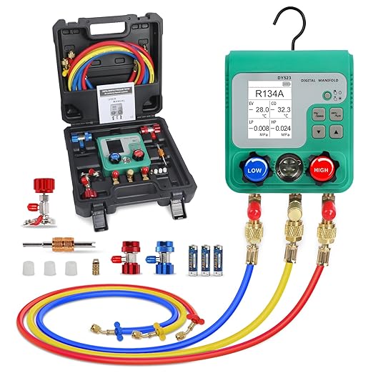 Digital Manifold Gauges HVAC, 92 Refrigerant Dual Pressure & Vacuum Test HVAC Gauges with Hoses R22 R134a R410a Refrigerant Gauge Set with 1/4" SAE Interface, Portable Hook