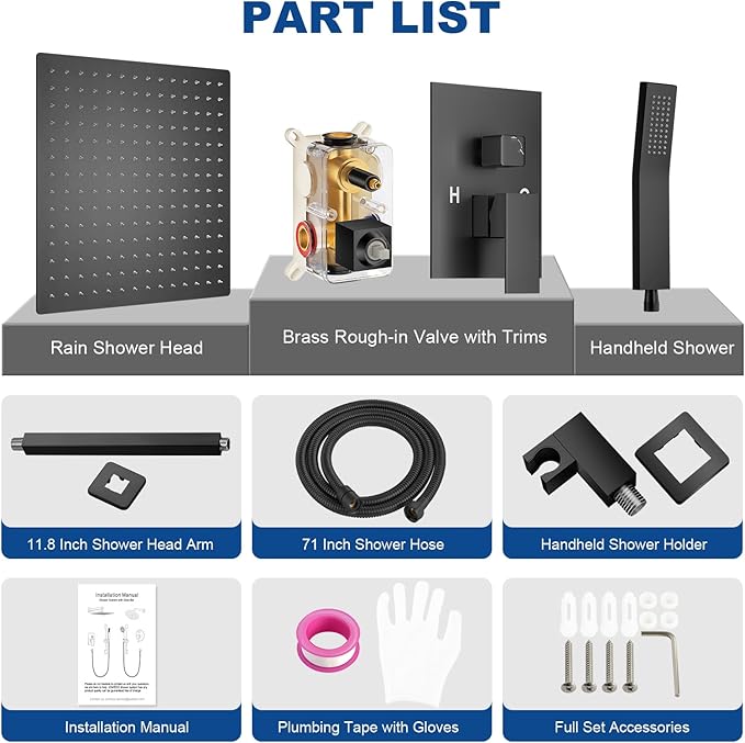 JOMEOO® 12 Inch Matte Black Shower System, Ceiling Mounted High Pressure Rain Shower Head with Handheld Sprayer, Bathroom Luxury Black Shower Head Shower Faucet Set Rough in Valve Body and Trim