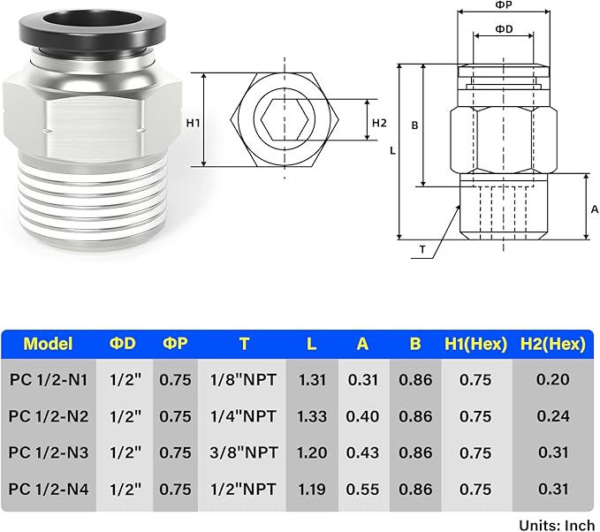 TAILONZ PNEUMATIC Male Straight 1/2 Inch Tube OD x 1/2 Inch NPT Thread Push to Connect Fittings PC-1/2-N4 (Pack of 2)