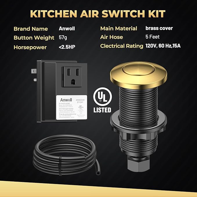 Garbage Disposal Air Switch Kit, Brushed Gold Finish, Compatible with Moen Brushed Gold Faucets, UL Listed Sink Top Button, Universal Countertop Design
