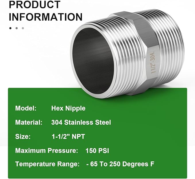 TAISHER 2PCS 304 Stainless Steel New Hex Nipple, 1-1/2" NPT Male x 1-1/2" NPT Male, Pipe Adapter Fitting