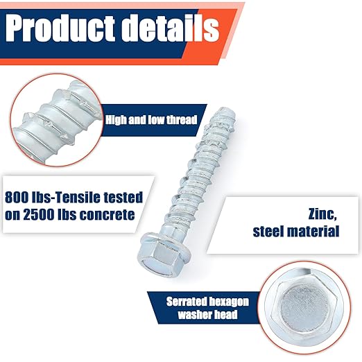 Tandefio 40 Pack 1/2" x 3" Concrete Screw Anchor Galvanized Large Diameter Heavy Duty Plated Concrete Anchors for Masonry Brick Anchoring Block Decking Framing Hex Drive