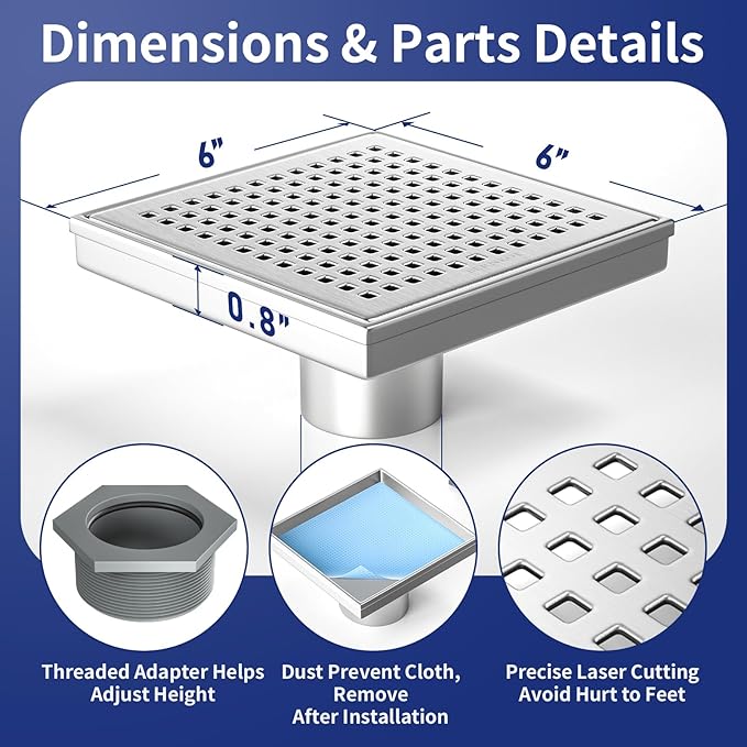 Square Shower Drain 6", 304 Stainless Steel Floor Drain w/Hair Strainer, Grid Shower Drain w/CUPC Certified, Brushed
