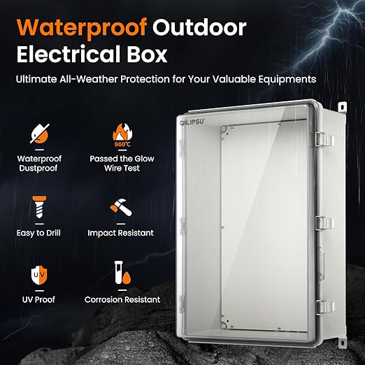 QILIPSU UL94-V0 Outdoor Electrical Box 24.2"x16.4"x9.1" Waterproof Junction Box Weatherproof PC/ABS Alloy Plastic IP66 Project Electric Enclosure Clear Hinged Door