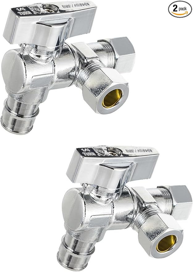 (Pack of 2) EFIELD Dual Outlet Angle Stop Valve, Quarter Turn, 1/2" Expansion F1960 Pex-A Inlet x (3/8 inch x 3/8 inch) Compression Outlets, Chrome Plated Brass,(VALVE203)