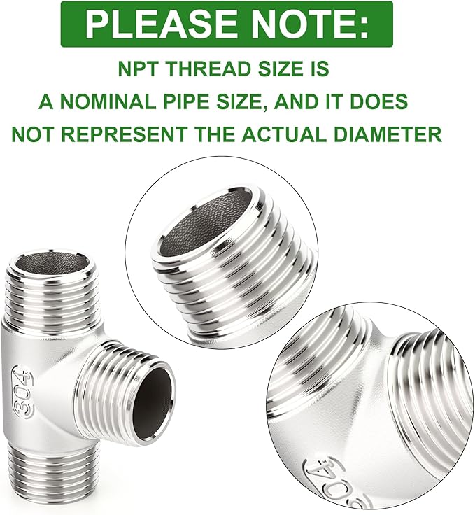 TAISHER 2PCS 304 Stainless Steel Tee Pipe Fittings, 1/2" x 1/2" x 1/2" NPT Male Pipe Fittings