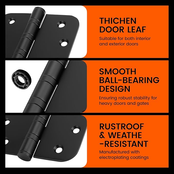 Haidms 304 Stainless Steel Black Ball Bearing Door Hinges for Exterior & Interior Doors 4in Stainless Steel Heavy-Duty Door Hinges Black 4inch, 5/8'' Radius Corners 3PACK