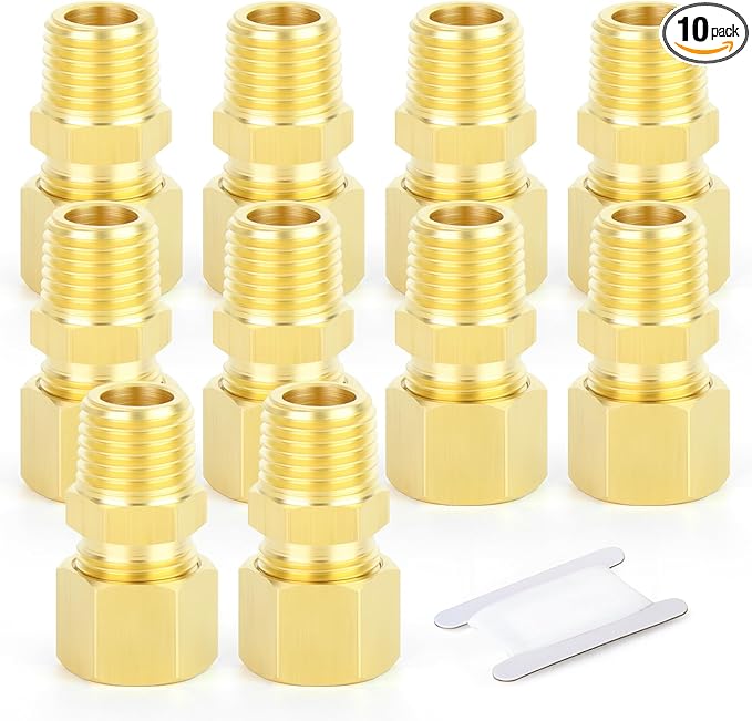 GASHER 10PCS Brass Compression Tube Pipe Fitting Connector, Straight Coupling Adapter 5/16" Tube OD x 1/8" NPT Male Connector