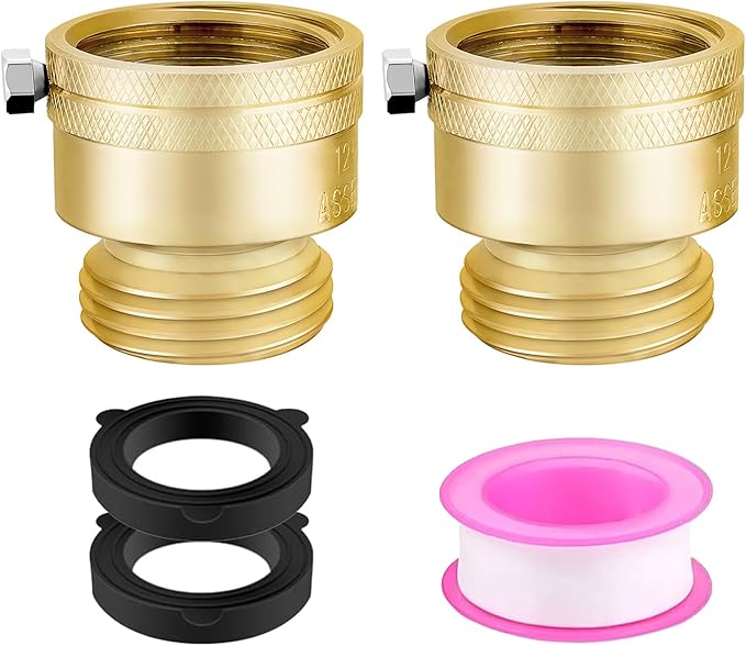 2 PCS Brass Vacuum Breaker Set 3/4 Inch GHT Lead-Free Compliant Brass Anti-Siphon Bib Valve for Vacuum Breaker Outside Faucet RV Hose Connection Backflow Preventer Connector with Tape、Extra washers