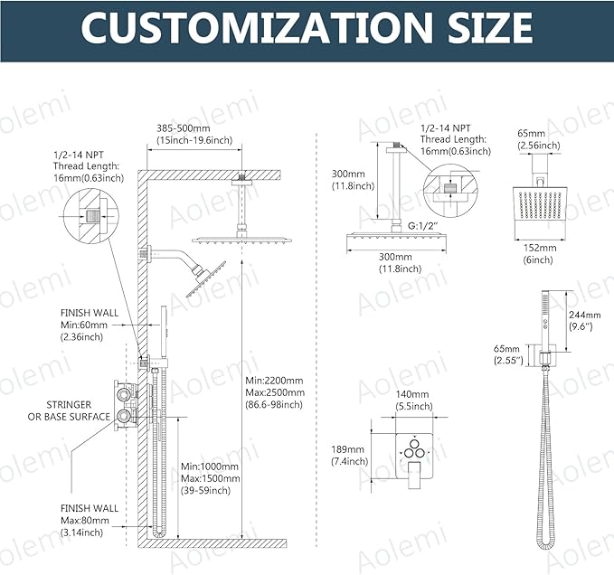 Aolemi Shower Faucet Set Ceiling Mount Shower System Rough-in Valve and Shower Trim Kit 12 and 6 Inch Dual Shower Head 2 in 1 Handheld Spray Push Button Diverter Matte Black