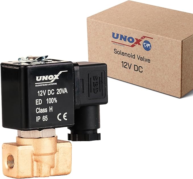UNOX 1/4" NPT Solenoid Valve 12V DC, Brass Control Valve Normally Closed - 0-232 PSI Multi-Purpose Reliable Control Valve for Water, Air, and Gas - Solenoid Valves