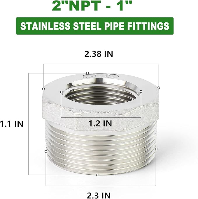 TAISHER 2PCS 304 Stainless Steel Reducer Hex Bushing, 2" NPT Male x 1" NPT Female, Reducing Pipe Adapter Fitting