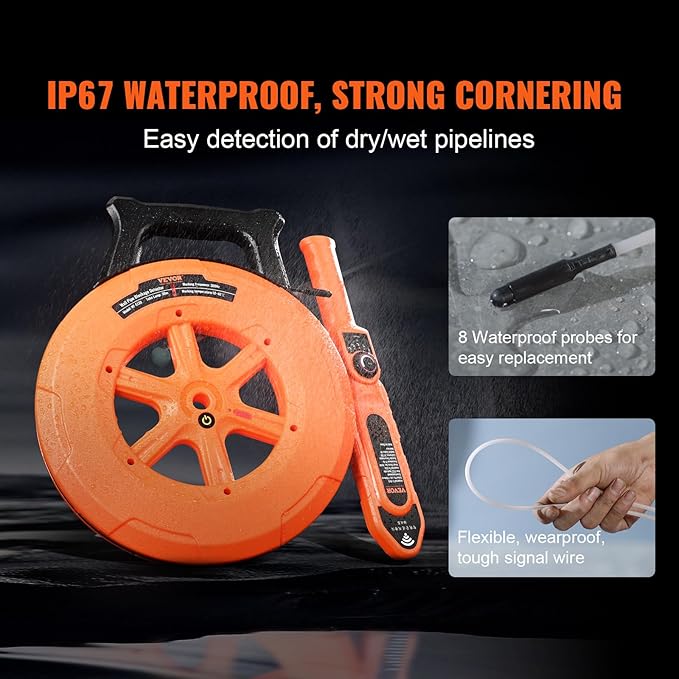 VEVOR Pipe Locators, 100ft/30m PVC Pipe Locators Underground, IP67 Waterproof Pipe Blockage Detector with Adjustable Sensitivity, Sewer Wall Scanner Plumbing Tool for PVC Plastic Metal Water Pipes
