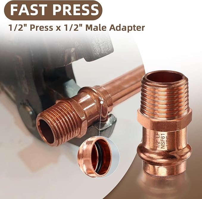 Copper Press Male Adapter,12PCS 1/2" Press x 1/2” NPT Male Copper Press Fittings Adapter,1/2” Male NPT x Press LF Coppers Press Adapter Pressure Coppers Fitting Male x Press Connection for Plumbing
