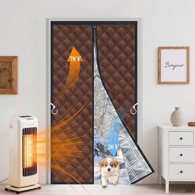 gulrear 38"x83" 3-Layer Thermal Door Insulation Curtain & Temporary Door Insulation Cover for Winter with Reflective Aluminum Foil – Blocks Cold and Heat,Magnetic Curtain for Easy Entry and Exit