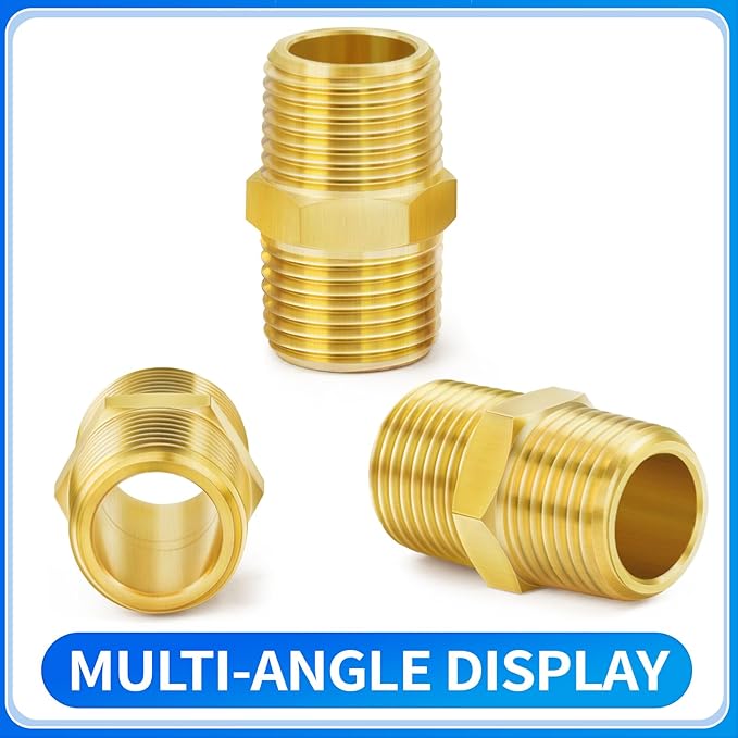 ChillWaves Brass Pipe Fitting, Hex Nipple 1/2" NPT Male x 1/2" NPT Male Thread Adapter(3-PACK)