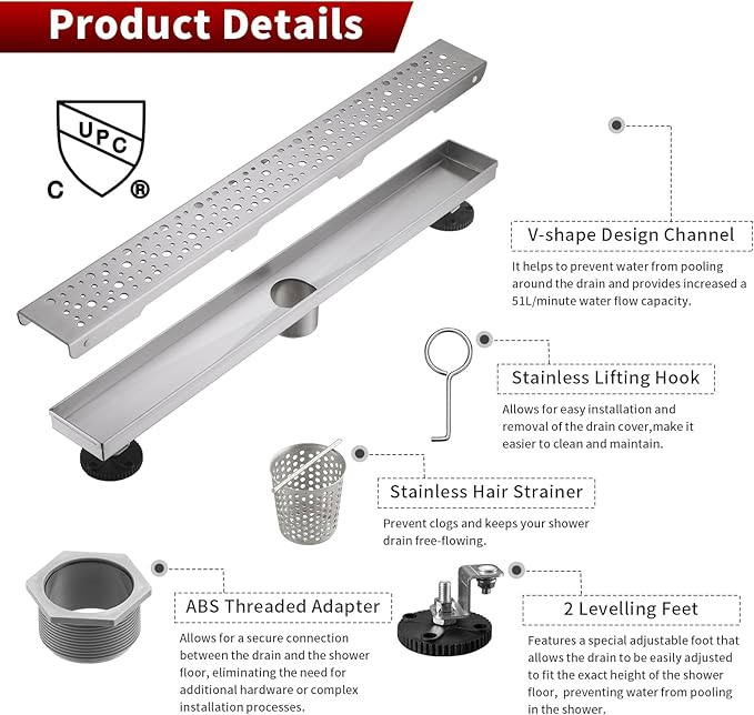 Sharp-tec 28 inch Linear Shower Drain, Brushed Rectangular Floor Drain, V-Shape Design Drain Channel, 304 Stainless Steel, cUPC Certificated for Bathroom Shower Room (Drain Base is Not Included)
